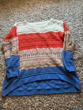 Striped Open-Knit Crewneck Sweater - Cream, Coral, Tan & Blue